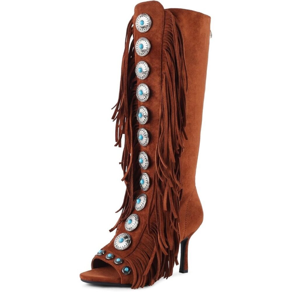 Women's Dark Brown FancyQueen Gladiator Heels Knee High Stiletto Peep Toe Boo
